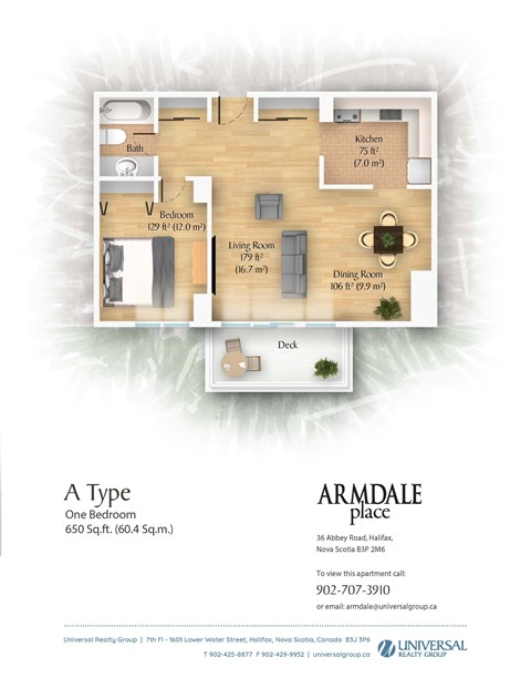 Floor plan for 1 bed, 1 bath, 650 sqft